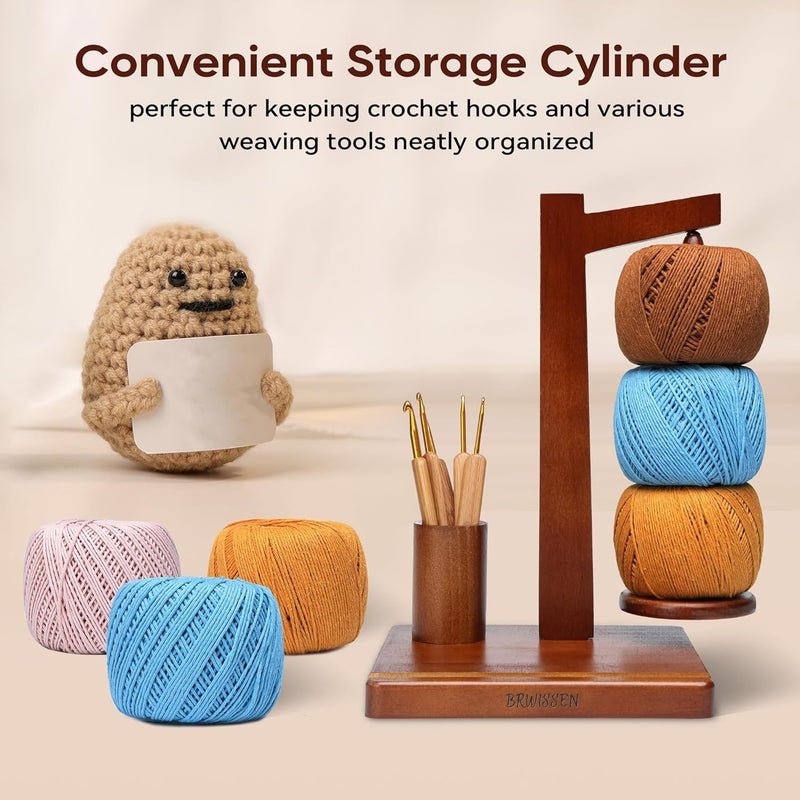 BRWISSEN Wooden Yarn Holder for Crocheting and Knitting with Phone Stand, Crochet Hook Storage, and Magnetic Yarn Ball Holder Spinner - Ideal Gift for Crochet Lovers-Walnut Color - Image 3